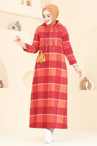 moda selvim الفستان الأحمر والبرتقالي 3043KTR750 - Thumbnail