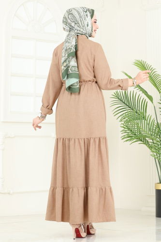 moda selvim الفستان بني فاتح 3049KTR750 - Thumbnail