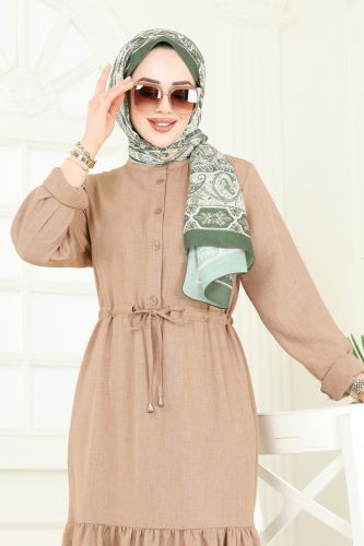moda selvim الفستان بني فاتح 3049KTR750 - Thumbnail
