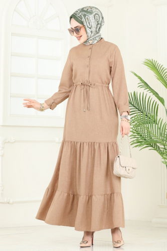 moda selvim الفستان بني فاتح 3049KTR750 - Thumbnail