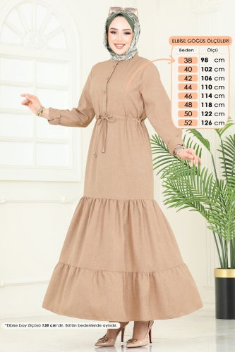 moda selvim الفستان بني فاتح 3049KTR750 - Thumbnail