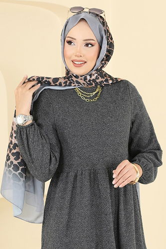 moda selvim الفستان رمادي 3065KTR750 - Thumbnail