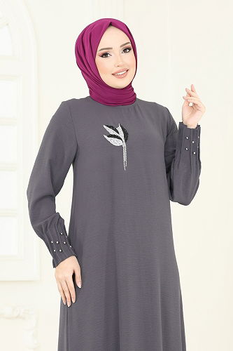 moda selvim الفستان رمادي غامق 3077HBS856 - Thumbnail
