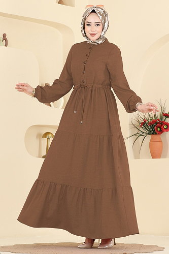 moda selvim الفستان بني فاتح 3083KTR750 - Thumbnail