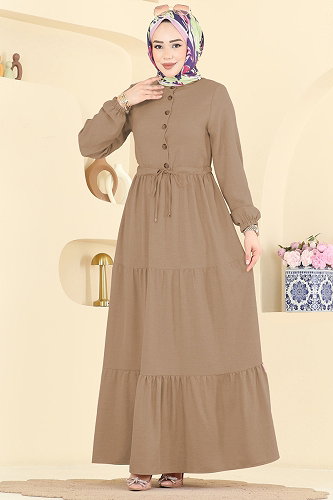 moda selvim الفستان بيج فاتح 3083KTR750 - Thumbnail