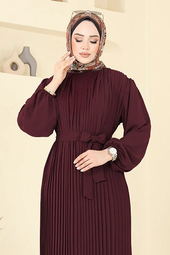 moda selvim Dress 3091HBS856 Burgundy - Thumbnail