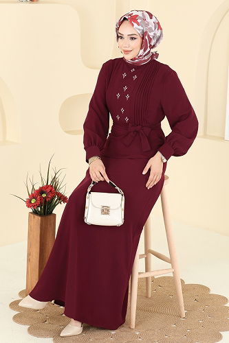 moda selvim Dress 309ASN888 Burgundy - Thumbnail