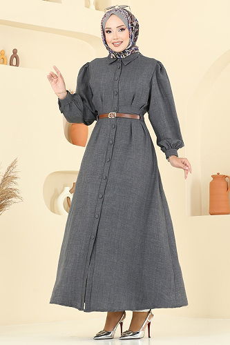 moda selvim الفستان رمادي غامق 3159HBS856 - Thumbnail
