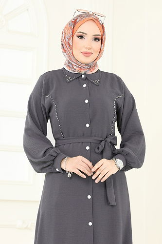 moda selvim الفستان رمادي غامق 316HBS856 - Thumbnail