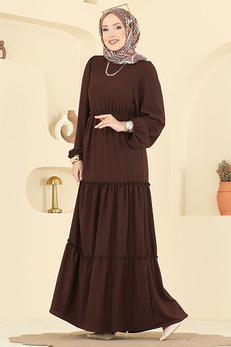 moda selvim الفستان بني 3300BLU797 - Thumbnail