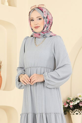 moda selvim الفستان رمادي 3300BLU797 - Thumbnail