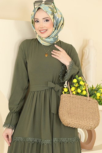 moda selvim الفستان اخضر عفني 3388HBS856 - Thumbnail