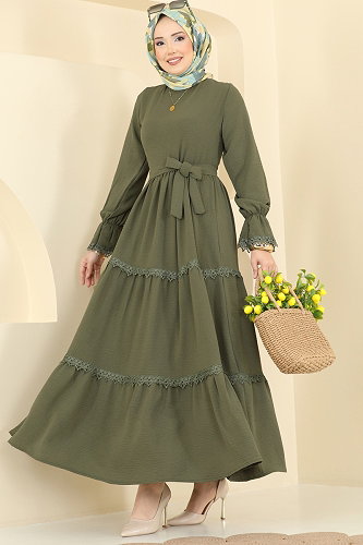 moda selvim الفستان اخضر عفني 3388HBS856 - Thumbnail