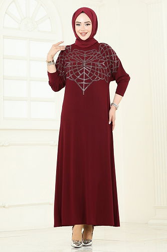 moda selvim Dress 3402UZ662 Burgundy - Thumbnail