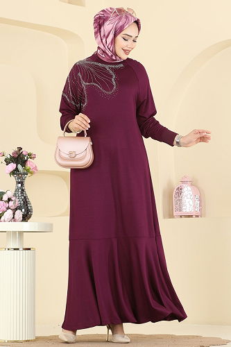 moda selvim Dress 3440UZ662 Burgundy - Thumbnail