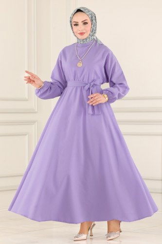 moda selvim 3444ALG474 ارجواني فاتح فستان - Thumbnail
