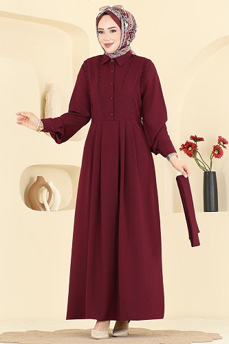 moda selvim Dress 376ASN888 Burgundy - Thumbnail