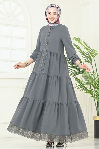 moda selvim الفستان رمادي غامق 380DVL817 - Thumbnail