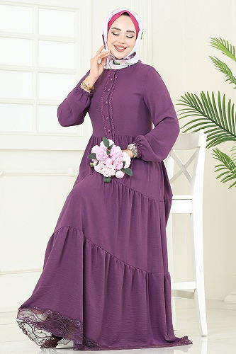 moda selvim الفستان ليلكي غامق 380DVL817 - Thumbnail