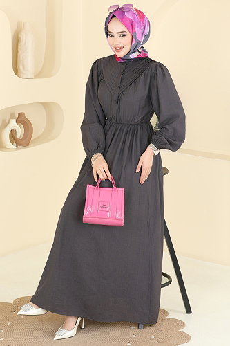 moda selvim الفستان رمادي غامق 382ASN888 - Thumbnail