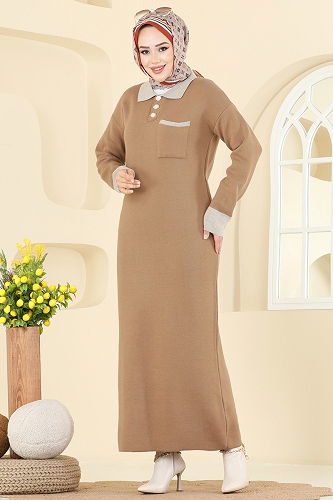 moda selvim الفستان عسلي فاتح 4020KLB1050 - Thumbnail