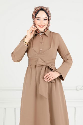 moda selvim الفستان بيج غامق 402ART1138 - Thumbnail
