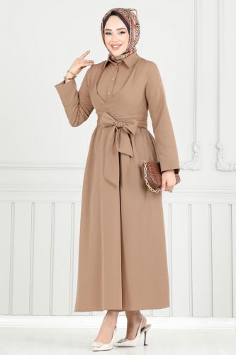 moda selvim الفستان بيج غامق 402ART1138 - Thumbnail