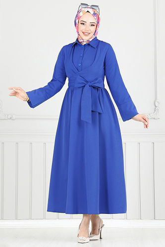 moda selvim الفستان نيلي 402ART1138 - Thumbnail