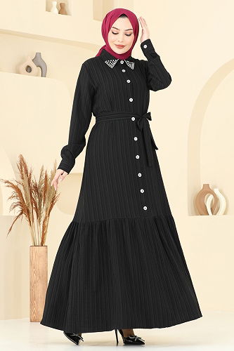 moda selvim الفستان أسود 4063PM271 - Thumbnail