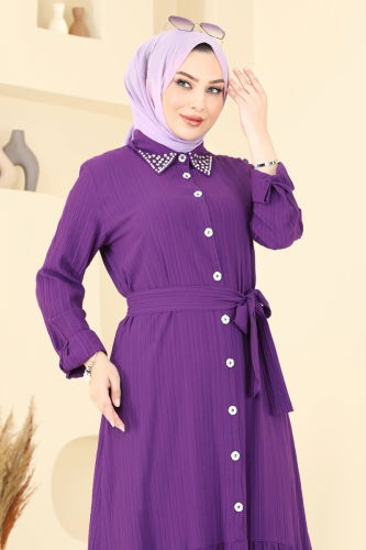 moda selvim Dress 4063PM271 Dark Lilac - Thumbnail