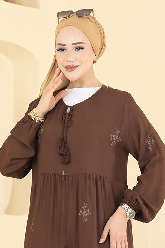 moda selvim الفستان بني 4073ZNNK1102 - Thumbnail
