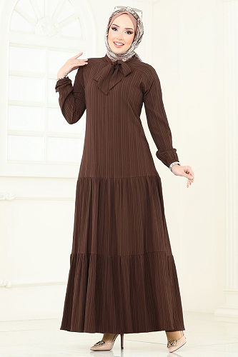 moda selvim الفستان بني 4076PM271 - Thumbnail