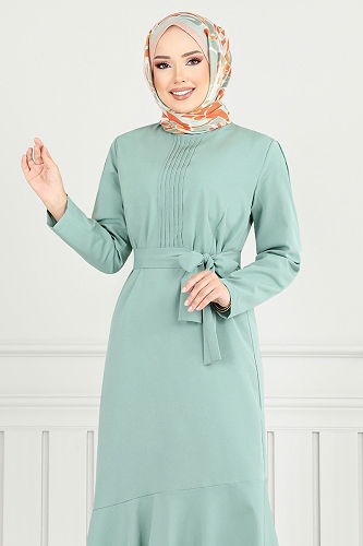 moda selvim الفستان أخضر باهت 4096PM1063-M - Thumbnail