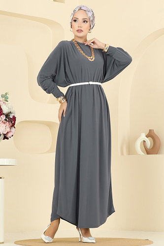 moda selvim الفستان رمادي غامق 4099ZNNK1102 - Thumbnail