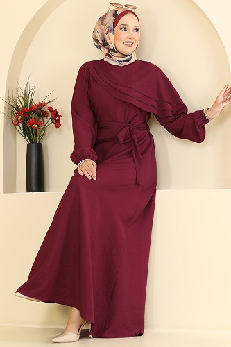 moda selvim Dress 409ASN888 Burgundy - Thumbnail