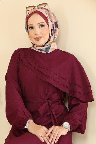 moda selvim Dress 409ASN888 Burgundy - Thumbnail
