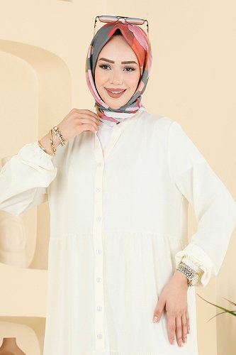 moda selvim الفستان كريمي 4124ZNNK1102 - Thumbnail