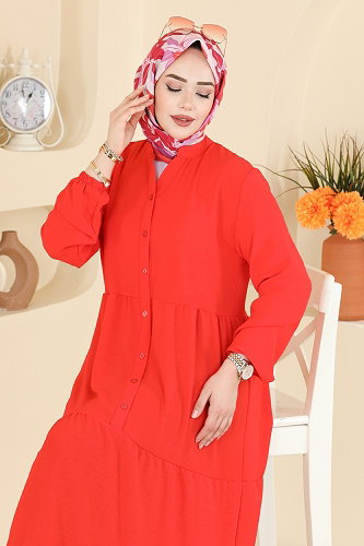 moda selvim الفستان أحمر رماني 4124ZNNK1102 - Thumbnail