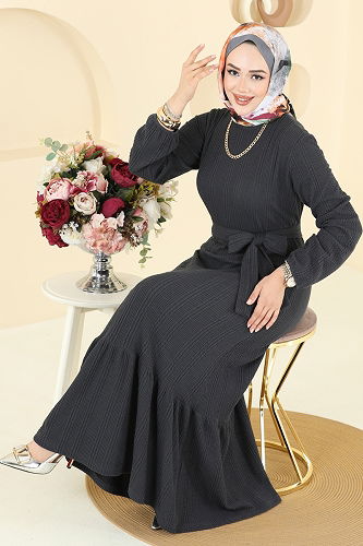 moda selvim الفستان رمادي غامق 4127PM271 - Thumbnail