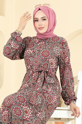 moda selvim الفستان نمط 1 خمري 4128PM271 - Thumbnail