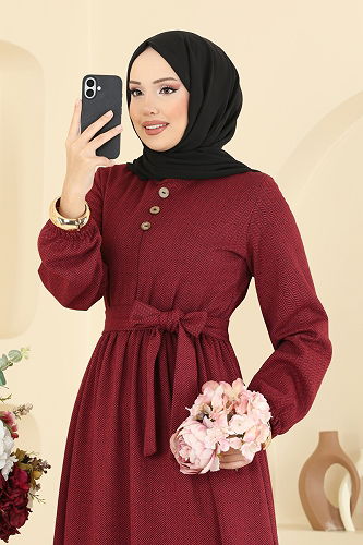 moda selvim Dress 4133PM271 Burgundy - Thumbnail
