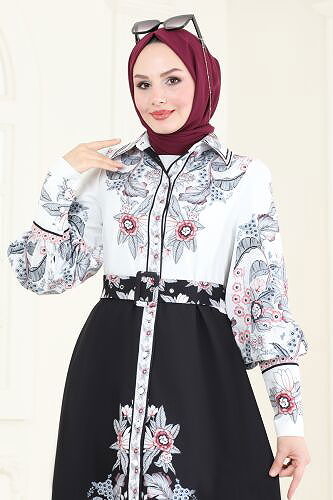 moda selvim Dress 4227JNF844 Ecru & Black - Thumbnail