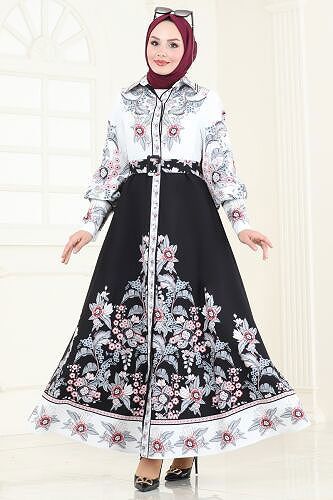 moda selvim Dress 4227JNF844 Ecru & Black - Thumbnail