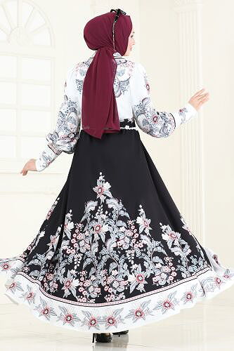 moda selvim Dress 4227JNF844 Ecru & Black - Thumbnail