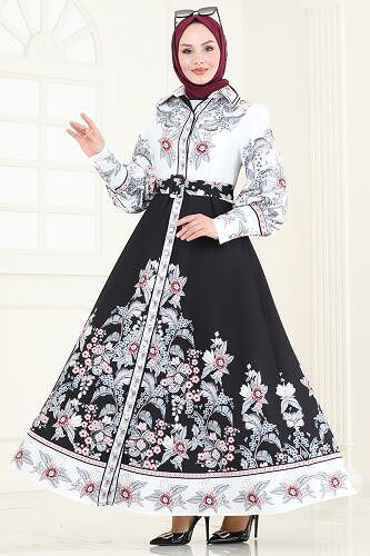 moda selvim Dress 4227JNF844 Ecru & Black - Thumbnail