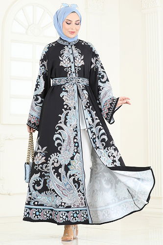 moda selvim Dress 4235JNF844 Indigo & Black - Thumbnail