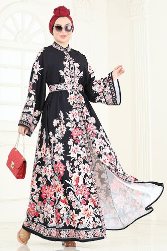 moda selvim Dress 4235JNF844 Pomegranate Blossom & Black - Thumbnail