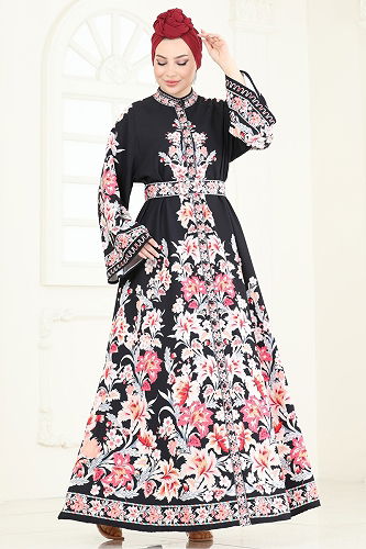 moda selvim Dress 4235JNF844 Pomegranate Blossom & Black - Thumbnail