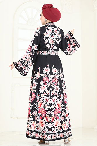 moda selvim Dress 4235JNF844 Pomegranate Blossom & Black - Thumbnail