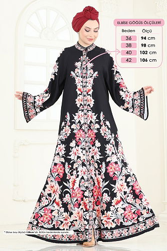 moda selvim Dress 4235JNF844 Pomegranate Blossom & Black - Thumbnail